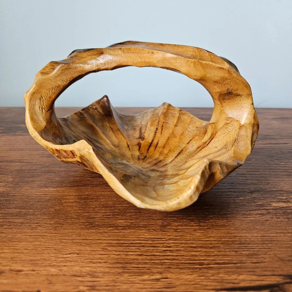 Hand Carved Small Wooden Basket Bowl Artisan Organic Shape Rustic Handmade